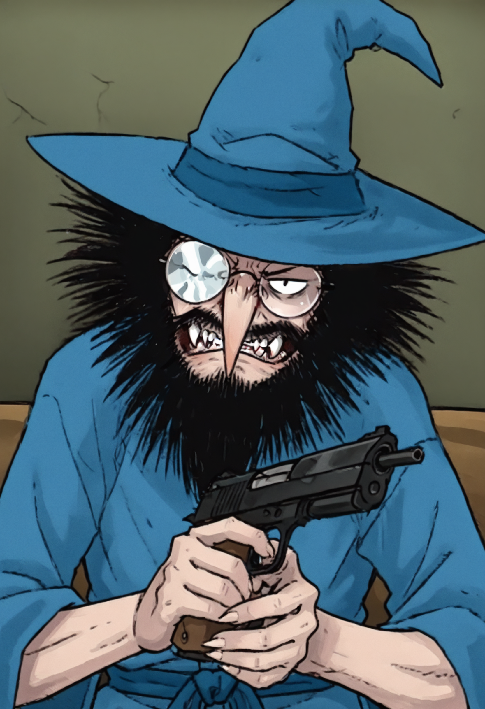 official style, anime coloring, masterpiece,best quality, amazing quality, 8K UHD,1man, vampire, kevinHP, wizard hat, glasses, broken lens, black beard, black hair, fangs, blue robe, holding  handgun, <lora:KevinHP_V.01-000035:0.8>,