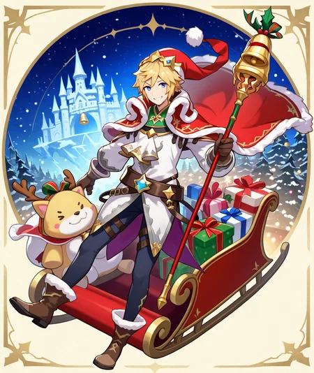 masterpiece,best quality,newest,absurdres,highres BREAK Xander,1boy,blonde hair,male focus,gift,santa hat,hat,solo,christmas,smile,stuffed toy,cape,staff,Bell Staff,blue eyes,stuffed animal,full body,bell,fur trim,box,weapon,gloves,(santa costume:0.7),looking at viewer,boots,gift box,christmas ornaments,star belt,belt,tiara,brown gloves,brown footwear,official art,sled,<lora:XanderV1-1-000008:1>,castle,