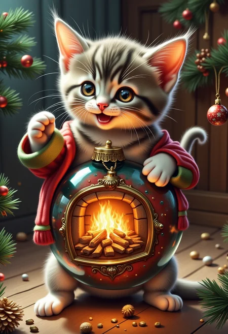 bo-christmas, in the style of Jed-clrfl, A playful kitten batting at an ornament, its body containing a cozy scene of a decorated fireplace with stockings and a crackling fire