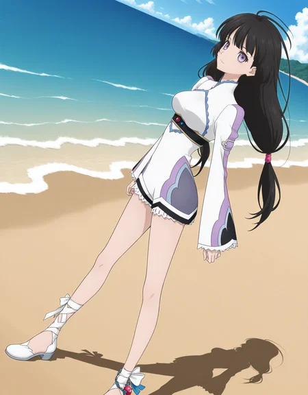 masterpiece,best quality,zPDXL3,beach,sea,
BREAK <lora:kohakV3-000018:0.9>,kohakV3,1girl,solo,breasts,black hair,long hair,purple eyes,medium breasts,legs,low-tied long hair,footwear ribbon,(leg ribbon:1.1),bare legs,jewelry,dress,shorts,three-quarter view,anime coloring,dynamic_angle,standing,