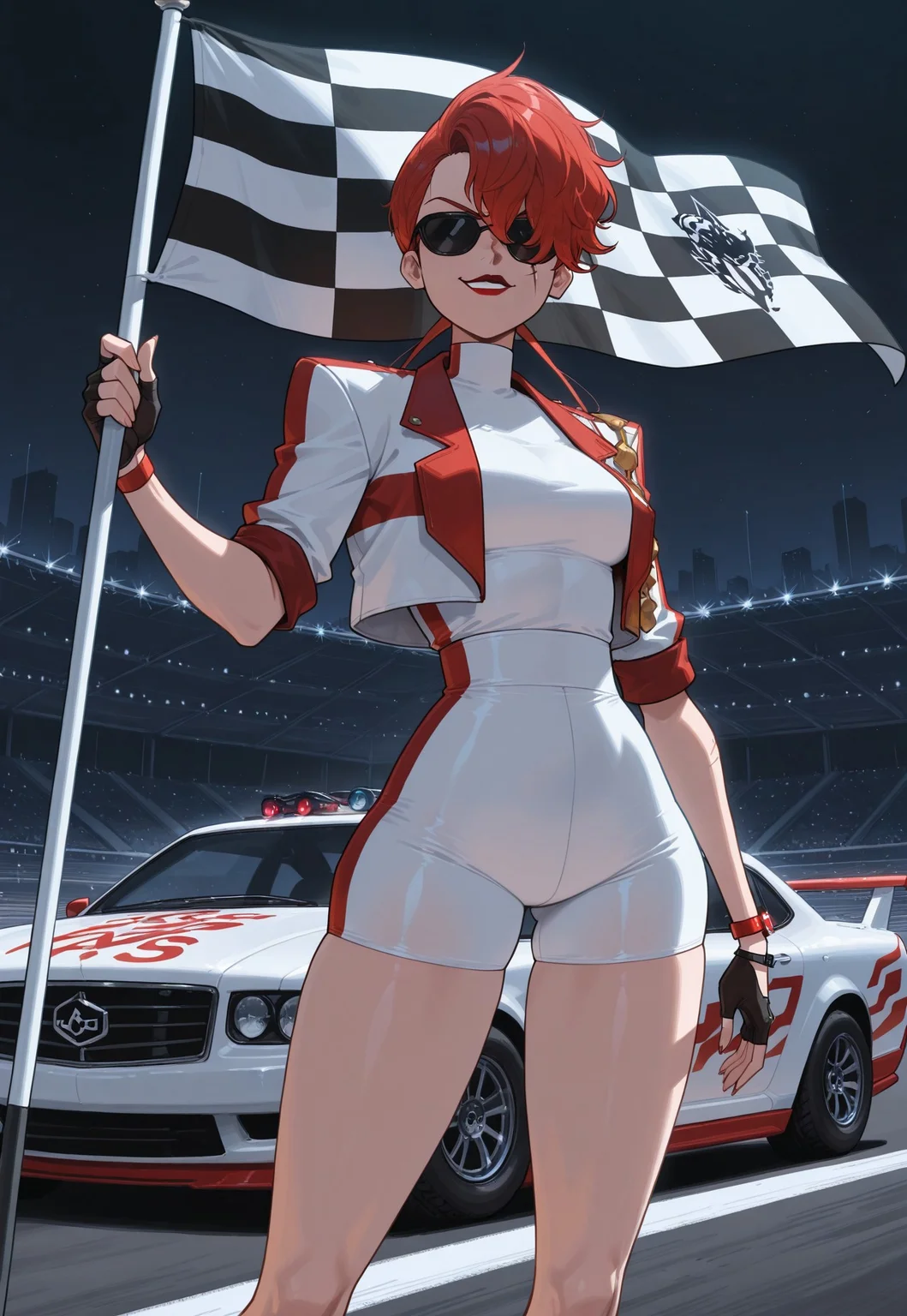 masterpiece, best quality, amazing quality, very aesthetic, absurdres, newest, 1girl, solo, no2mtcy, red hair, lipstick, sunglasses, jacket, jewelry, facial scar, smirk, white bike shorts, bracelet, fingerless gloves, checkered flag, raises the flag, standing, night, race track background, dark dystopian city, race cars, cars is moving, tire smoke, from below