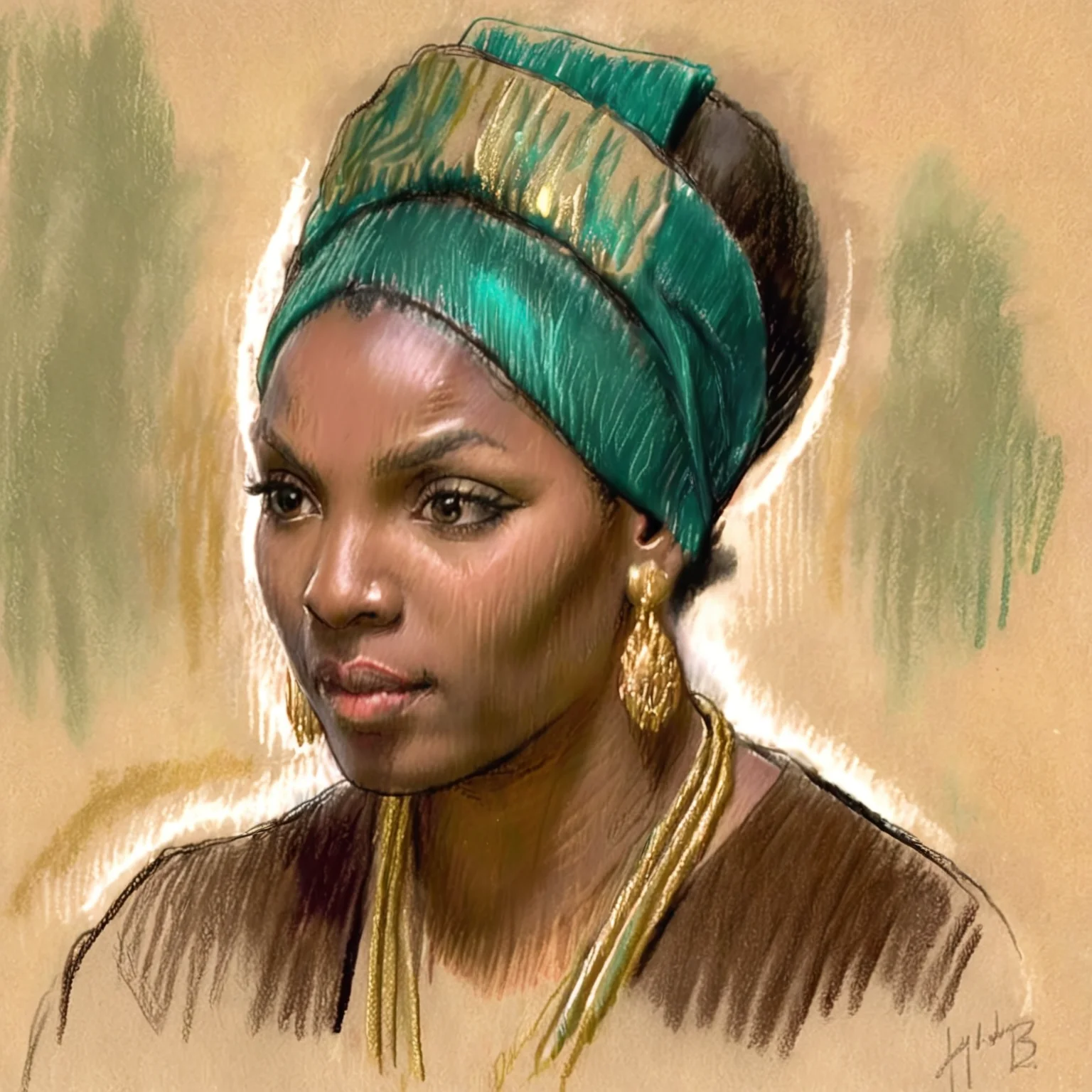 A color chalk sketch of a woman with a deep green velvet headwrap, adorned with a gold-colored earring. She has a focused expression, and her skin tone is a deep brown. The image is rendered with pastel and saturated colors on a beige background The woman's attire and accessories suggest a cultural or traditional influence. <lora:Chalk_Sketch_SDXL_v1:1>