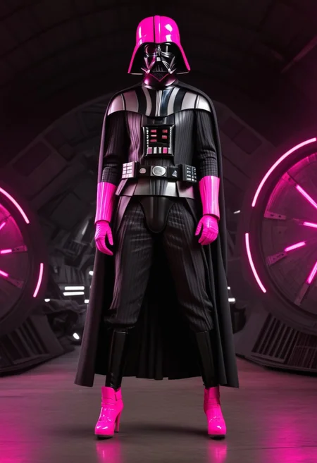 score_9, score_8_up, score_7_up, score_7, score_6_up, photo, detailed, full body, tack sharp, sharp focus, raw, realistic, highest quality, masterpiece, solo, Darth Vader in neon pink uniform, high heels, pink helmet on, very detailed dynamic Star Wars hangar as background, ((nsgzz, "BUZZ" (text), caps font, text focus, text, neon sign, white text, pink theme, glow)), d3t41l3d, full body