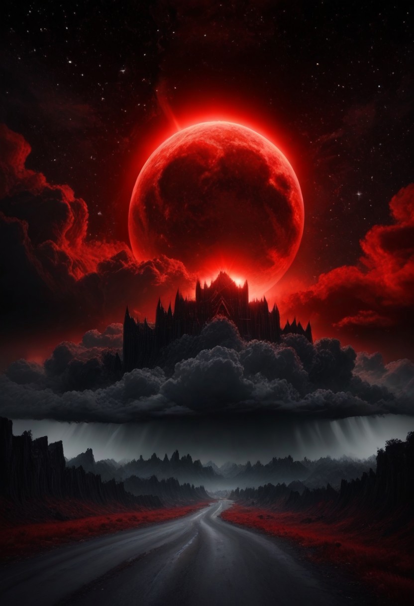 A large castle ,night time, red, black, grey colors, giant red moon in sky, cosmic sky, clouds, realistic,