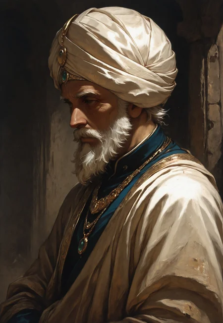 mgh2, solo, male focus, 1boy, sultan, turban, arabian, beard, facial hair, jewelry, necklace, old, old man, white hair, upper body, hat, mustache, from side, masterfully drawn, masterpiece, amazing quality, beautifully painted, elegantly detailed, very aesthetic, 4k, classical