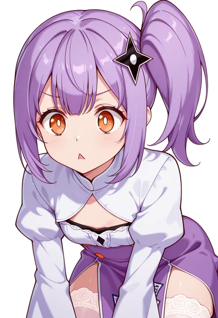 masterpiece,high quality details, absurdres,
<lora:Satoko_Kusagakure:0.9>
satoko_cnr, 1girl, purple hair, long hair, side ponytail,orange eyes,hair ornament,sidelocks,, simple background, white background, front view,solo,, guilt,crazy,, diamond mouth,, bishop sleeve blouse ,ofuda on clothes,lace thighhighs, ,var-legwear,