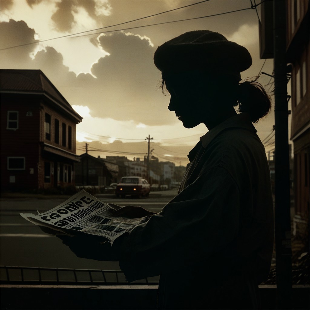 score_9, score_8_up, score_7_up, score_6_up, flmgr, flmgr, film grain, cinematic, cinematic light, newspaper, solo, cloud, sky, hat, silhouette, building, outdoors, power lines, dark, 1girl, realistic