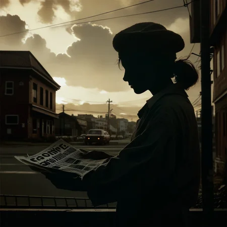 score_9, score_8_up, score_7_up, score_6_up, flmgr, flmgr, film grain, cinematic, cinematic light, newspaper, solo, cloud, sky, hat, silhouette, building, outdoors, power lines, dark, 1girl, realistic