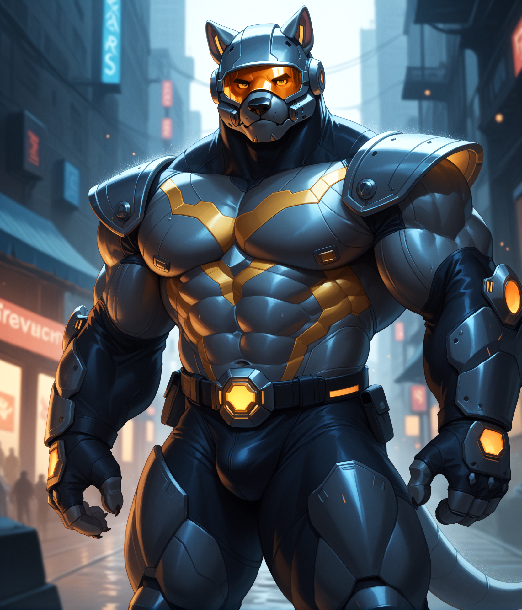 score_9,score_8_up,score_7_up,score_6_up,furry,kemono,high quality,tail,rating_explicit,embedding:zPDXL3 BREAK male furry,(bara),huge plump Chest Muscles,perfect anatomy,
Image depicts a futuristic, cyberpunk-style warrior standing in a neon-lit urban environment. The subject is clad in an elaborate, dark armored suit with intricate details and glowing gold accents. The helmet features sharp, angular designs with a menacing, visor-covered face. The armor includes various technological components in white and gold on the chest and arm. the overall aesthetic is dark and imposing. The background showcases a rainy city. Black Smoke emanating from behind ,high-rise,tights,sfw