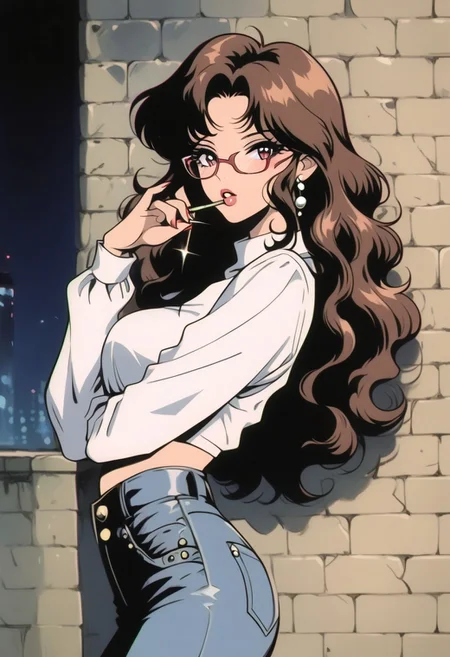score_9, score_8_up, score_7_up, score_6_up, score_5_up, score_4_up, BREAK sourse_anime, retro anime style, detailed retro anime, 90's anime style, 1990s \(style\), Vintage, dreamy psychedelic anime, high quality, best quality, anatomically correct, masterpiece, BREAK 1girl, solo, from side, view from the back, BREAK brown hair, long flowing hair, glasses, beautiful teenage girl, BREAK red tube top, tight flared denim jeans, BREAK busy city street, brick wall with graffiti, cowboy shot, s1n0p0p