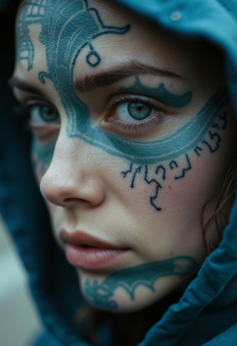 A close-up of a face adorned with blue and black tattoos. The face is divided into two parts, the left part is the face of an alien with patterns in the form of drawings on the fields left by a UFO, the right part is the face of a physics professor, and his part of the face is decorated with tattoos of physics formulas, cinematic_1940s cinematic_octane