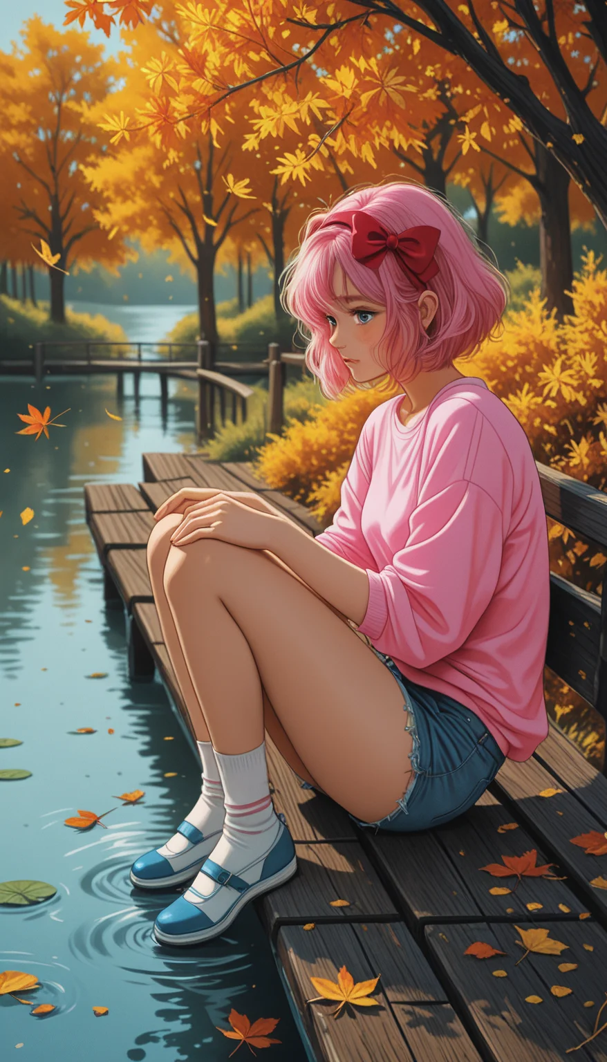 masterpiece,
high_quality, highres, detailed_eyes, detailed, masterpiece, best quality, absurdres, 8k, HDR, face_focus, high quality, very_awa, newest, absurdres, highres, depth_of_field, realistic_skin,
pinkretroanime, retro art,
Jeddtl02,
p0nyd1sney1ncasev1x0n2, very aesthetic, detailed face, (dynamic:1.2), stylized, illustration, dynamic pose,nsfw, girl, tall body, slender body, fit body, long legs, deep cleavage, (freckles on the face:1.25), Title: Serene Autumn Afternoon Prompt:
Create an illustration in a realistic style with anime influences featuring a female character seated on a park bench. The setting is an autumnal afternoon, characterized by warm orange and yellow hues from the changing leaves of nearby trees. The sun is setting low on the horizon, casting long shadows and bathing the scene in a soft, golden light that contrasts with the cool blue of the girl's sweatshirt. Main Character:
The main character is a young woman with short, wavy pink hair. She has rosy cheeks and is wearing a casual yet stylish outfit consisting of a blue sweatshirt with a white graphic on it and blue jeans. Her expression is contemplative, with her chin resting thoughtfully on her hand. Background:
The bench she sits on is made of wood, with metal accents. Behind her is a tranquil pond with clear reflections of the trees and sky above. The trees themselves are adorned with autumn leaves that fall gently to the ground. The overall atmosphere is one of peace and introspection, with the girl enjoying the serene beauty of nature during this transitional season. Camera Angle:
The camera angle is slightly elevated, looking down at the girl, capturing her from the waist up. This perspective emphasizes her relaxed posture and allows for a full view of her outfit. Lighting & Color Palette:
The image has a warm color palette dominated by oranges, yellows, and blues. The light source is natural sunlight filtering through the tree branches, creating dappled light effects on the bench and pond. Action of the Character:
The girl appears to be waiting or taking a break, sitting alone in the park with her thoughts. She is gazing into the distance, perhaps daydreaming or lost in thought. Her posture suggests she's comfortable and at ease in this moment., 1girl, solo, breasts, blush, smile, short hair, bangs, blue eyes, shirt, long sleeves, bow, ribbon, hair between eyes, medium breasts, sitting, closed mouth, full body, hair ribbon, white shirt, pink hair, hair bow, sidelocks, thighs, hairband, outdoors, shoes, shorts, day, socks, shiny, water, blurry, red bow, from side, red ribbon, tree, legs, looking to the side, kneehighs, short shorts, bare legs, profile, depth of field, blurry background, leaf, looking away, hair intakes, sunlight, white footwear, bob cut, denim, white socks, casual, sneakers, nature, scenery, knees up, mary janes, sleeves rolled up, forest, reflection, blue shorts, denim shorts, pink shirt, legs together, blue footwear, wooden floor, fence, railing, red hairband, bench, autumn leaves, maple leaf, cutoffs, bridge, ripples, dappled sunlight, uwabaki, river, autumn, pink sweater, hands on own knees, falling leaves, lake, puddle, ankle socks, park bench, reflective water, park, sitting on bench