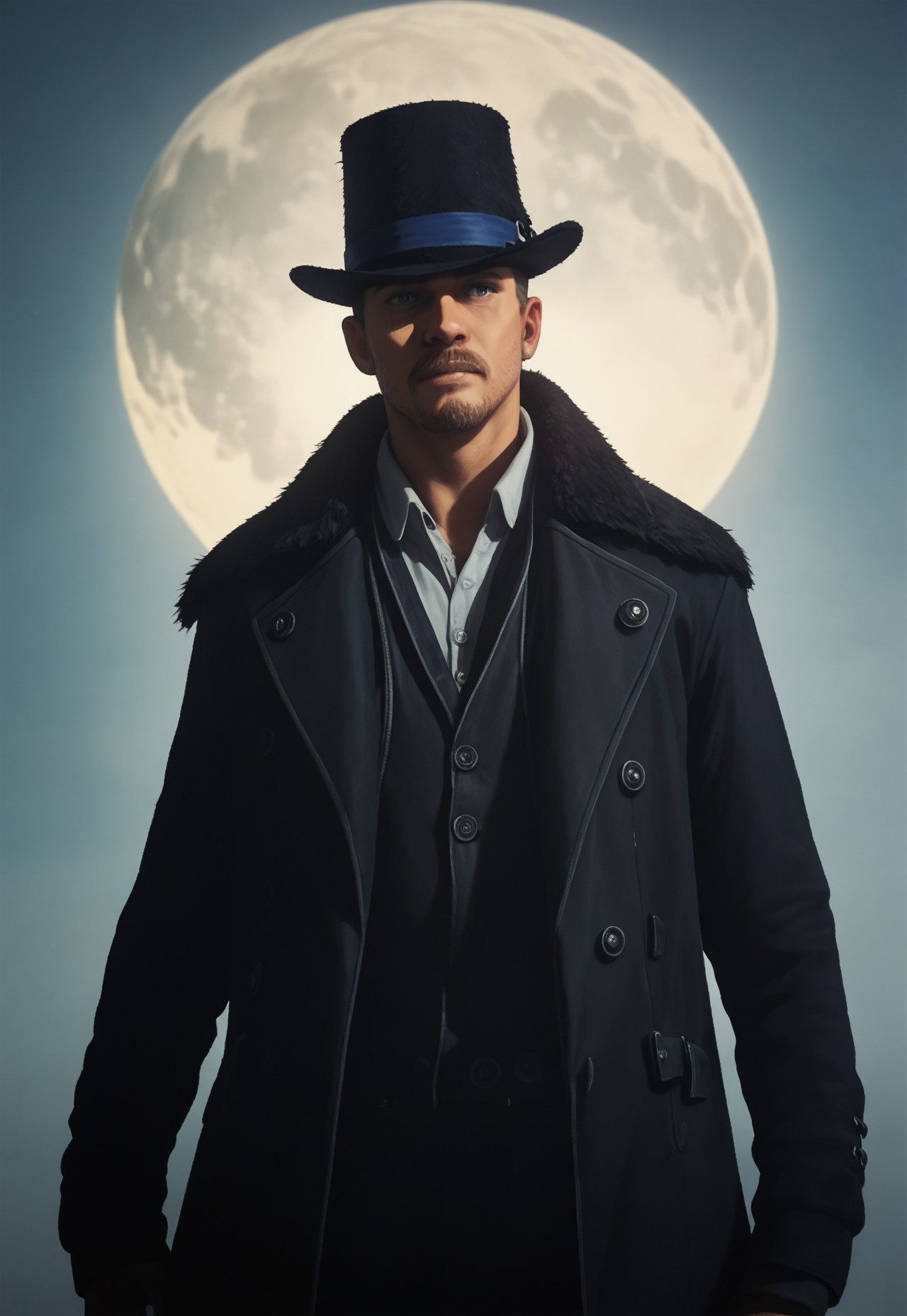 safe_pos, (zPDXL3), score_9, score_8_up, score_7_up, traditional animation, 1boy, top hat, male focus, long jacket, rugged, (cinematic masterpiece:1.2), midnight, illustration, nighttime, full moon, cel-shading,