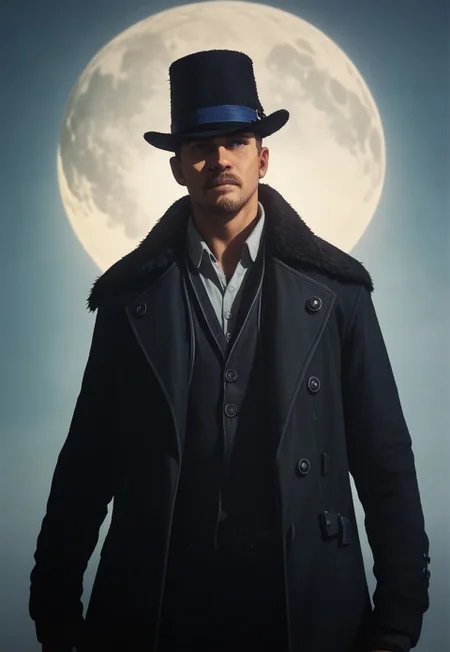 safe_pos, (zPDXL3), score_9, score_8_up, score_7_up, traditional animation, 1boy, top hat, male focus, long jacket, rugged, (cinematic masterpiece:1.2), midnight, illustration, nighttime, full moon, cel-shading,