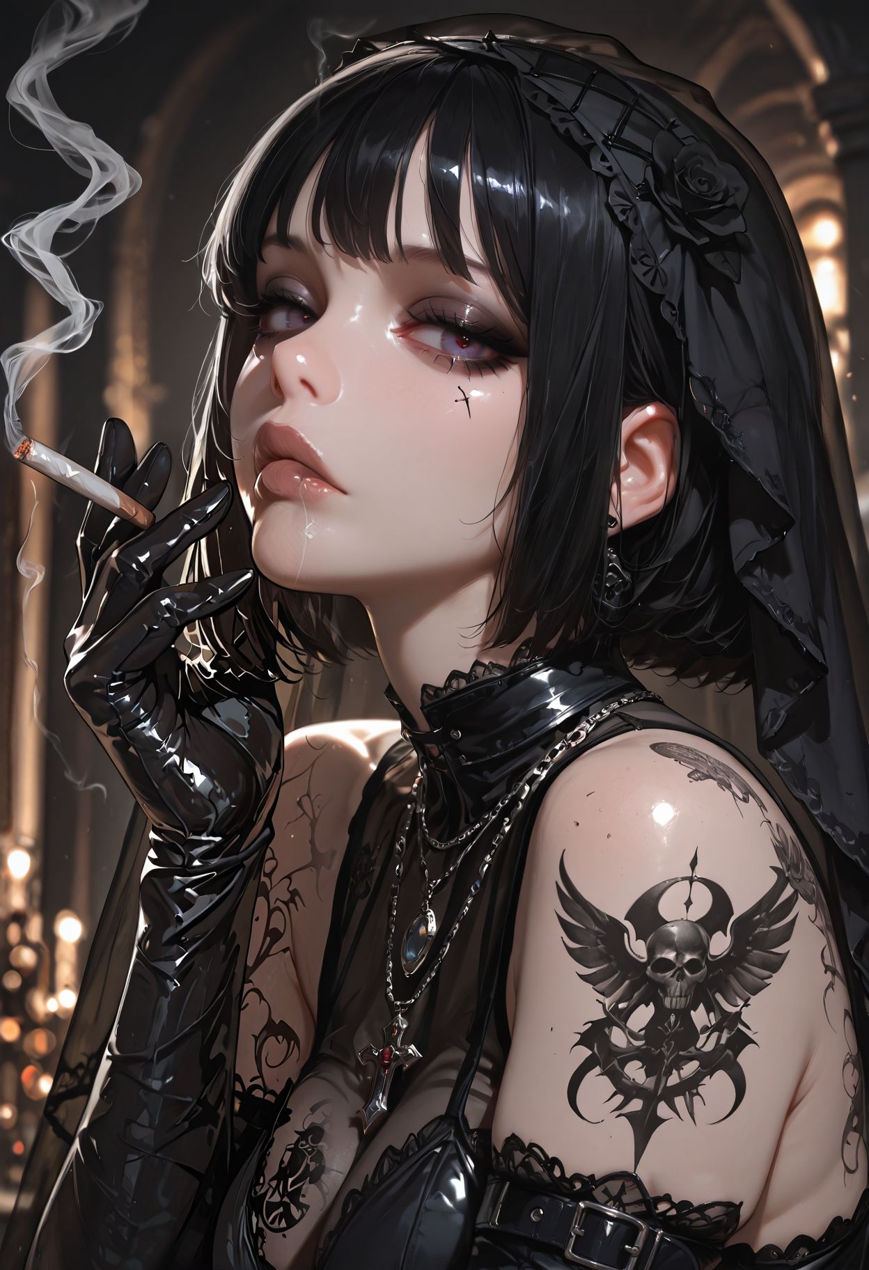 masterpiece, best quality,  very aesthetic, absurdres, newest, depth of field,realistic, goth girl  <lora:gothic_niji_style_ilxl_goofy:0.8>
1girl, cigarette, smoking, black gloves, tattoo, looking at viewer, elbow gloves, necklace, breasts, upper body, black dress, bare shoulders, veil, jewelry, blurry background, lips, smoke, short hair