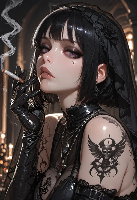 masterpiece, best quality, very aesthetic, absurdres, newest, depth of field,realistic, goth girl <lora:gothic_niji_style_ilxl_goofy:0.8>
1girl, cigarette, smoking, black gloves, tattoo, looking at viewer, elbow gloves, necklace, breasts, upper body, black dress, bare shoulders, veil, jewelry, blurry background, lips, smoke, short hair