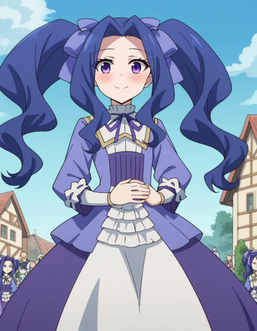 score_9, score_8_up, score_7_up, source_anime, <lora:melty-q-melromarc-s1-ponyxl-lora-nochekaiser:1>, melty q melromarc, long hair, ribbon, twintails, blue hair, purple eyes, hair ribbon, purple ribbon, parted bangs,, long sleeves, dress, frills, ribbon trim, purple dress,, amusement park, rides, crowds, fun, colorful, smile, hand on stomach, blush,, looking at viewer, solo,, dutch angle, cowboy shot