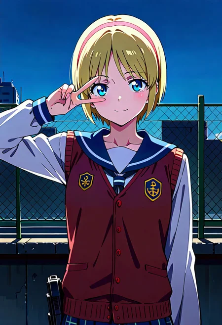 source_anime, masterpiece, best quality, amazing quality, very aesthetic, absurdres, IllustriousQual, anime coloring, traditional media <lora:Sherry_Birkin_RE2_Classic_Illustrious:1>sherry-birkin, 1girl, solo, short hair, sailor collar, blonde hair, blue eyes, serafuku, upper body, weapon, indoors, holding weapon, vest, gun, plaid, v, holding gun, handgun, dark, v over eye, rooftop, sky, fence