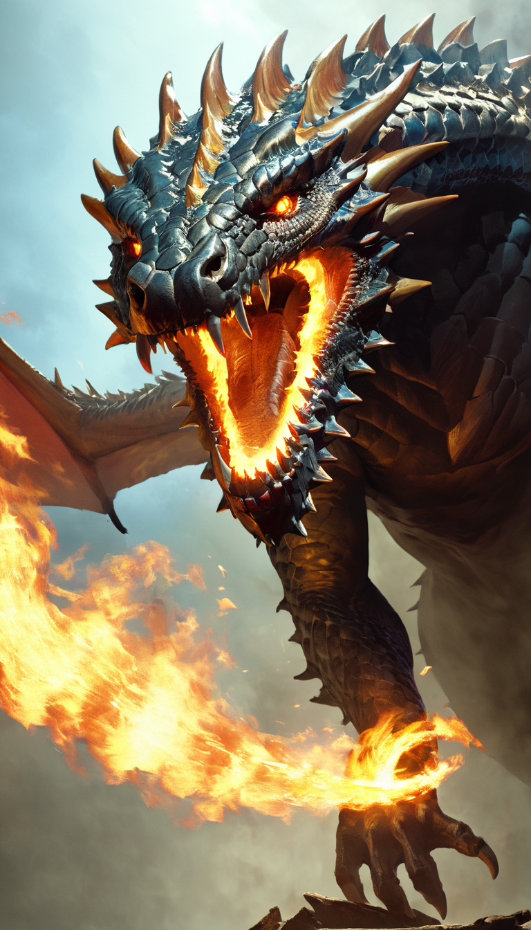 masterpiece, best quality, greg rutkowski, fire, no humans, open mouth, wings, dragon, sharp teeth, teeth, tail, solo, breathing fire, horns, monster, claws, smoke, very detailed, high resolution, sharp, sharp image, 4k, 8k, <lora:greg_rutkowski_xl_v2:1>