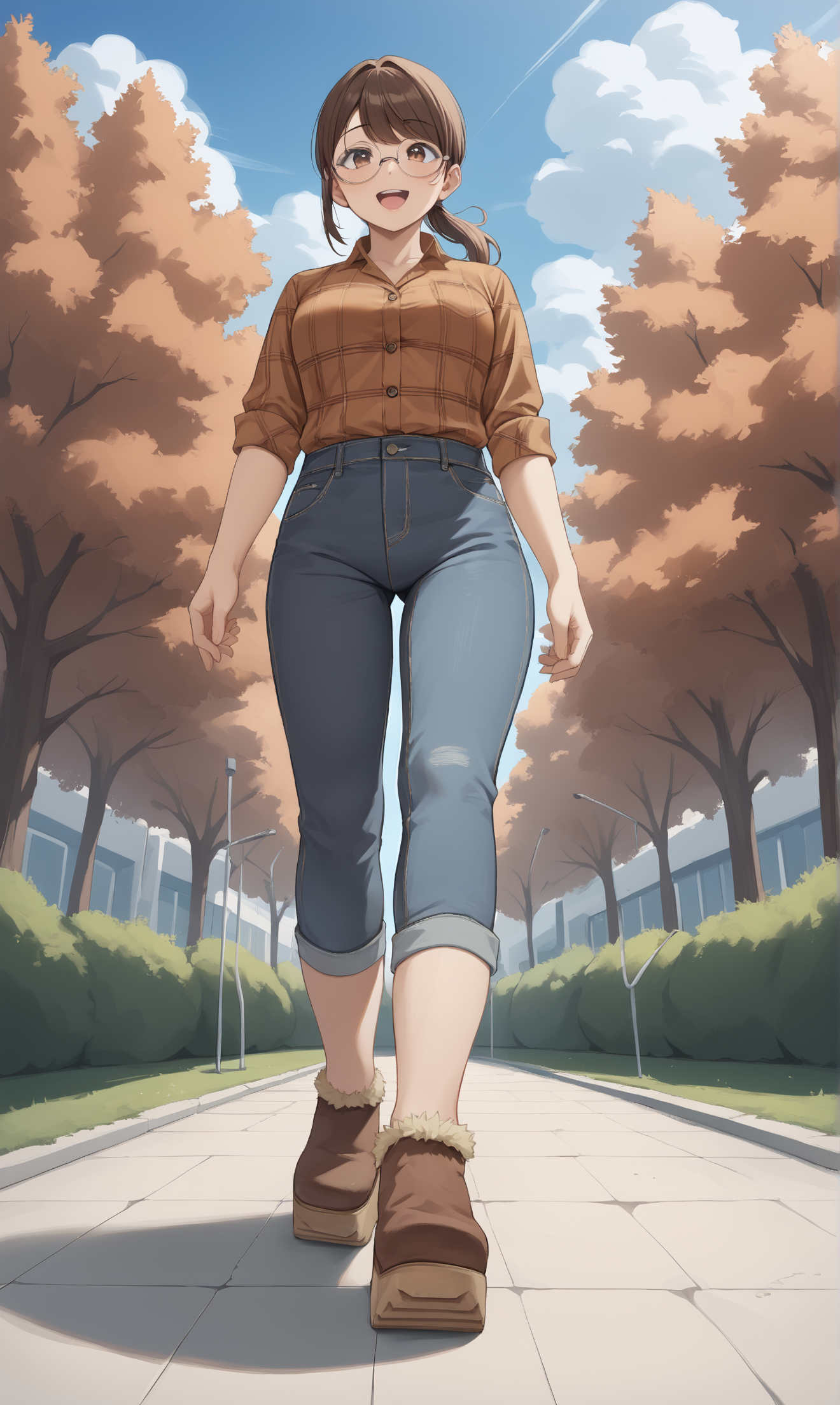 score_9, score_8_up, score_7_up, score_6_up, source_anime,
low angle,
autumn, outdoors, park,
1girl, 
walking, arms out, looking up, happy,
flannel shirt, jeans, round glasses, ponytail, brown hair,
sherpa clogs, platform footwear,
embedding:zPDXLrl ,
embedding:zPDXL2 ,