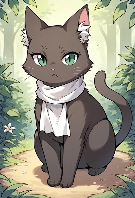 masterpiece, best quality, uncensored, source_anime BREAK score_9, score_8_up, score_7_up, score_6_up, score_5_up, score_4_up, 1girl, solo, catlulu, no humans, black cat, animal, feral, green eyes, whiskers, Expressiveh, white scarf, outdoors <lora:Expressive_H:0.6> <lora:add-detail-xl:0.5> <lora:lulu_xventure:0.85>