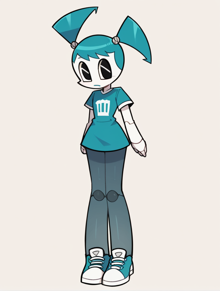 score_9, score_8_up, score_7_up, score_6_up, score_5_up, score_4_up, source_anime, BREAK
(1girl, solo:1.2), simple background, <lora:XJ-9:0.8> xj9, robot girl, black eyes, aqua hair, ((t-shirt-dress)), ((slip-on-sneakers)), (((pantyhose))), style parody,