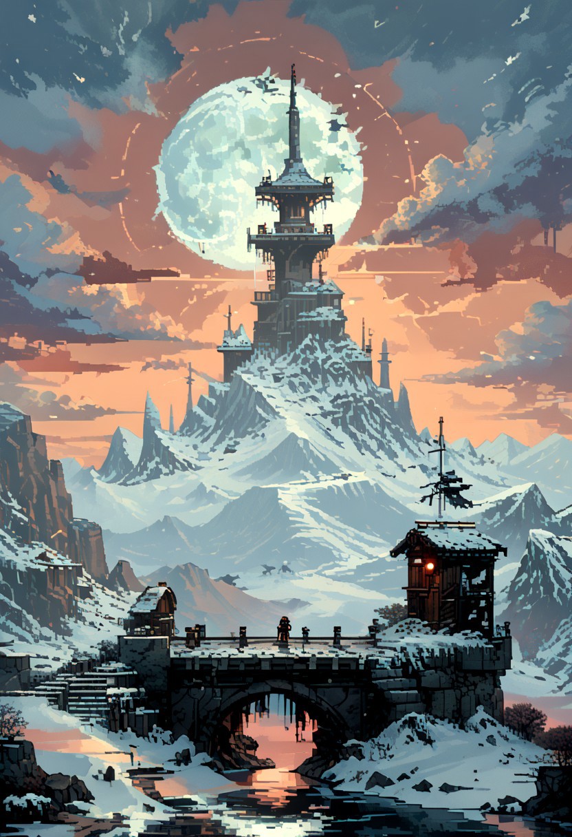 score_9, score_8_up, score_7_up, yamer_pixel_fusion, pixel art, 
A goddess looks towards The summit of a snowy mountain, reached only by the most devoted. A stone platform overlooks the world below, where rituals are held to call upon the power of the wind and sky, surrounded by towering ice spires., 
in the style of a vintage, high-contrast setting, dark and mysterious atmosphere. Resplendent spotlighting, Emphasize theatrical elements with bursts of bright colors against dark, moody backgrounds
, retro futuristic, atompunk, hyper-detailed, scifi, lofi, d3p1x3l, pixel art, a broken moon hangs in the sky
