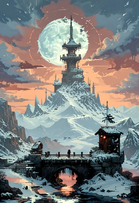 score_9, score_8_up, score_7_up, yamer_pixel_fusion, pixel art, 
A goddess looks towards The summit of a snowy mountain, reached only by the most devoted. A stone platform overlooks the world below, where rituals are held to call upon the power of the wind and sky, surrounded by towering ice spires., 
in the style of a vintage, high-contrast setting, dark and mysterious atmosphere. Resplendent spotlighting, Emphasize theatrical elements with bursts of bright colors against dark, moody backgrounds
, retro futuristic, atompunk, hyper-detailed, scifi, lofi, d3p1x3l, pixel art, a broken moon hangs in the sky