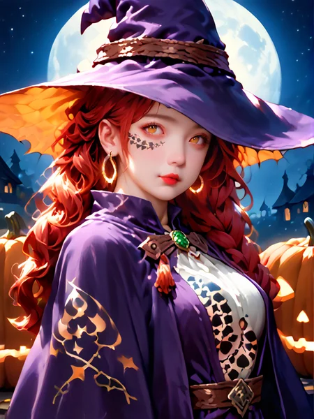 score_9,score_8_up,score_7_up,score_6_up,anime Scores,hyperrealistic,hyperdetailed,anime,PonyScores,(((sfw:2))),
1girl,witch,(bat:1.2),milf,pale_skin,tattoo,snake_pupils,red hair,very long hair,gorgeous hairstyle,lipstick,mole under mouth,narrow shoulders,petite,kawaii,cute,slim,detailed embroidery,hoop earrings,jewelry,night world,detailed background,background light,available light,dynamic_angle,looking_at_viewer,on_side,witch's room,night_sky,star,galaxy,night,witch's,wizard robe,wizard hat,Blacked,tattoo,body writing,oily skin,halloween pumpkin,
(((<lora:Blacked:2>))),