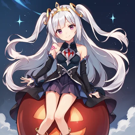 score_9, score_8_up, score_7_up, source anime, BREAK, sitting, sitting on orb, <lora:Ivris:0.7> , ivdef, 1girl, long hair, very long hair, white hair, two side up, sidelocks, purple eyes, tiara, hair ornament, fake animal ears, bare shoulders, shoulder tattoo, sleeveless dress, halterneck, long dress, black dress, high-low skirt, purple skirt, pleated skirt, skirt under dress, detached sleeves, black sleeves, sleeves past wrists, anklet, boots, looking at viewer, night, (space), floating, <lora:backgroundsetXL:0.2> , background, (solo), smile, head tilt, <lora:hand 4:0.4> , Hand, hands, perfect hands,
