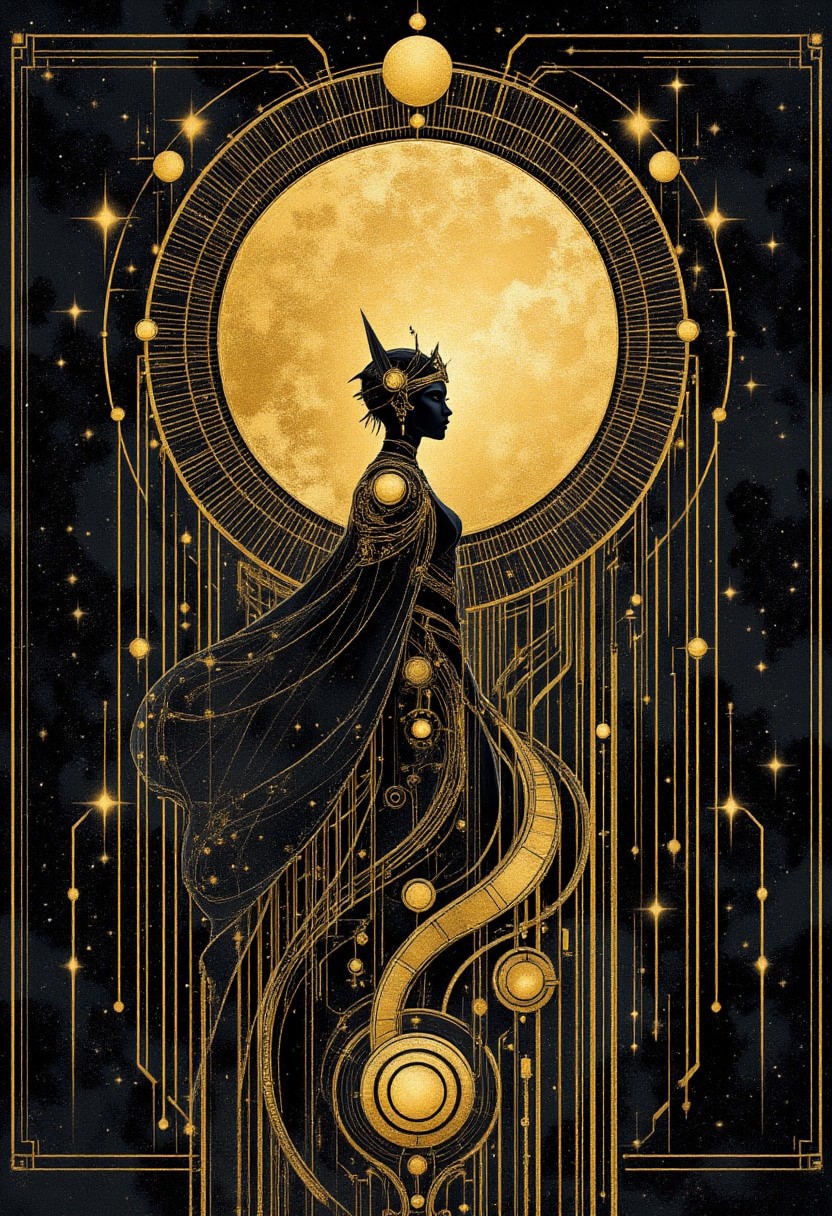 Fly me to the moon
Let me play among the stars
Let me see what spring is like
On a-Jupiter and Mars
In other words, hold my hand
In other words, baby , kiss me
Straight lines on bkack background 
Lone person center 
Princess Egyptian 
Mysterious symbols 
ArsMJStyle, Art Deco
bo-golden