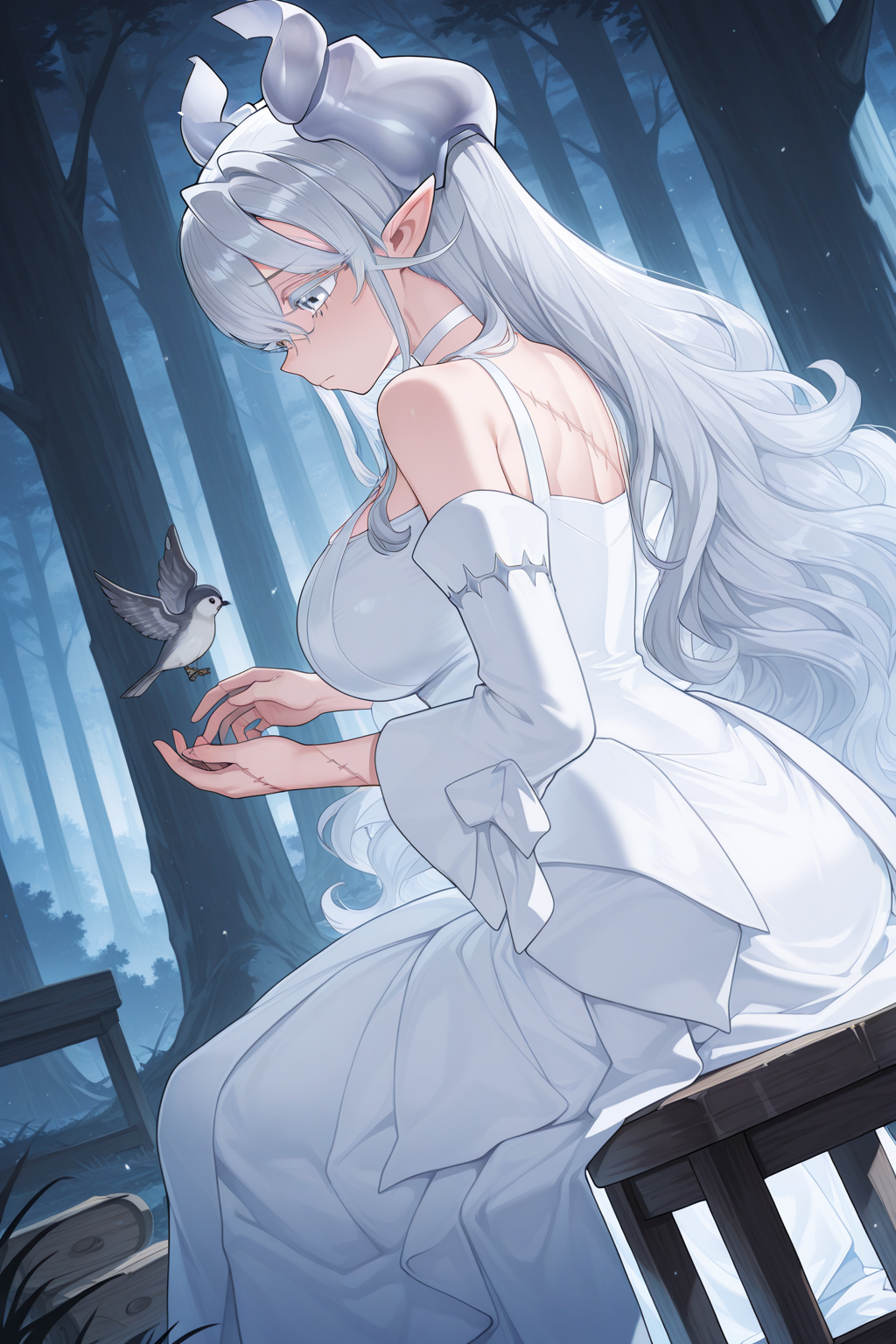 1girl,
LadyLabrynthOfTheSilverCastleYu-Gi-Oh,
general, solo, dutch angle, from behind,
horns, long hair, grey hair, colored eyelashes, grey eyes,
sidelocks, large breasts, scar, stitches,
white choker, white dress, 
sitting, looking at object, bird, sad, 
outdoors, fantasy, morning, forest, shed, stool, 
<lora:kp_LadyLabrynthOfTheSilverCastleYu-Gi-Oh2ndArtIllustrious_v1_0:1.0>,
masterpiece, best quality, amazing quality