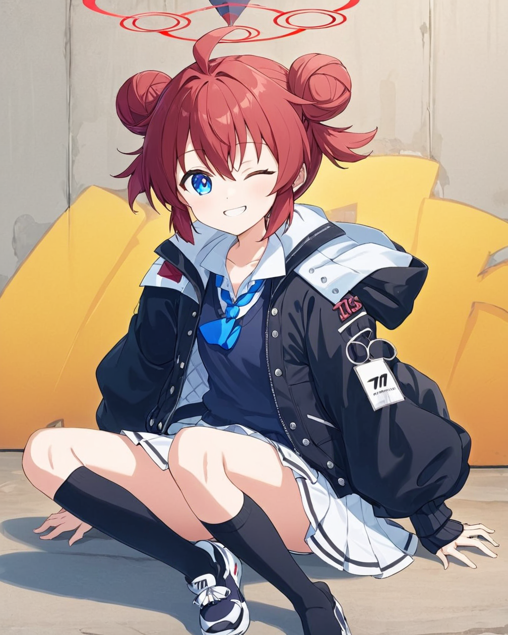 maki \(blue archive\),spray_can, 1girl, graffiti, double_bun, solo, one_eye_closed, sidelocks, hooded_jacket, ahoge, sweater_vest, white_shirt, sneakers, long_sleeves, black_socks, blue_necktie, looking_at_viewer, collared_shirt, sitting, holding, white_skirt, hood_down, halo, grin, full_body, pleated_skirt, puffy_sleeves, black_jacket, paint_splatter
<lora:maki_(blue_archive)_image389_2023-11-24:1>. gorgeous,key visual, vibrant, studio anime,award-winning, professional, highly detailed,high budget, cinemascope