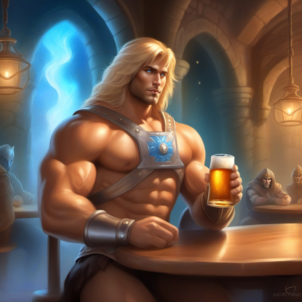 ethereal fantasy concept art of  a muscular man, blond long hair, blue eyes, boots, manly, armor, having a beer in a pub <lora:He-man1024:0.8> . magnificent, celestial, ethereal, painterly, epic, majestic, magical, fantasy art, cover art, dreamy
