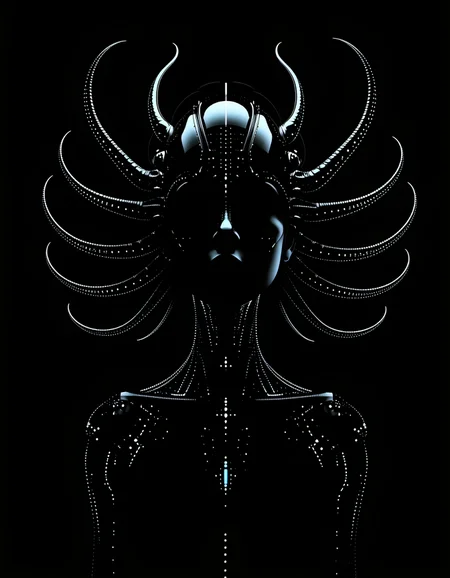 a full-lenght cinematic photography of a surreal cyborg deity. This Cyborg has the upperbody of a female woman with the Torso being replaced by many tentacles that are crafted out of fine titanium wirtes that are adorned with LEDs. The Skin of this cyborg is crafted from handmade irinium-alloy that shimmers and is half-transparent, forge-welded with ironbolts. The Face is replaced with a holographic black display that shows cute emoji. The different components of the body are joint together with rotating 360 Degree Gears. ultrarealistic and detailed. 8K, 1girl, perfectly flat chest, tiny perky tits