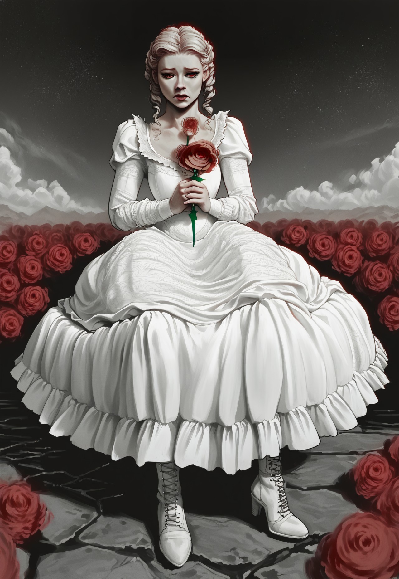 score_9, score_8_up, score_7_up, rating_safe, high quality, 
 highly detailed, intricate, intricate details, black and white,
highly detailed face, girl, (solo:1.3), adult woman, 35 years old, adult, 
Victorian dress, laced boots, sitting on a large rock, sad face, looking longingly to the distance, (holding a red rose:2),
detailed background, dark ground, high cliffs, rocky terrain, dynamic angle, close up, looking out over the sea at sunset,