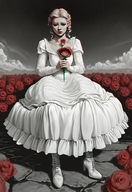 score_9, score_8_up, score_7_up, rating_safe, high quality,
highly detailed, intricate, intricate details, black and white,
highly detailed face, girl, (solo:1.3), adult woman, 35 years old, adult,
Victorian dress, laced boots, sitting on a large rock, sad face, looking longingly to the distance, (holding a red rose:2),
detailed background, dark ground, high cliffs, rocky terrain, dynamic angle, close up, looking out over the sea at sunset,