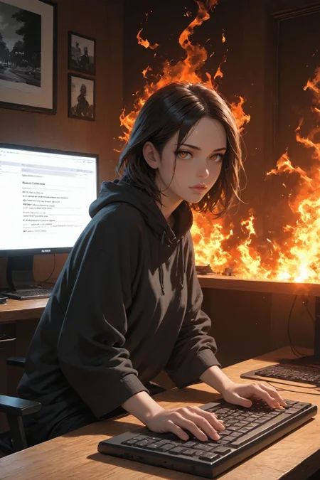 looking at viewer,detailed background,Cinematic Lighting,film grain,score_9,score_8_up,score_7_up,masterpiece,best quality,highly detailed,
<lora:(增强)sdxl_lightning_8step_lora:1>,<lora:glowneon_xl_v1:1>,glowing,<lora:hand 4:1>,hand person,<lora:Expressive_H:0.8>,Expressiveh,<lora:MythM4ngaStyle:0.8>,
realistic,computer,(no humans),keyboard (computer),monitor,english text,dog,(fire:1.2),animal,indoors,(burning:1.2),black and red theme,monochrome,greyscale,