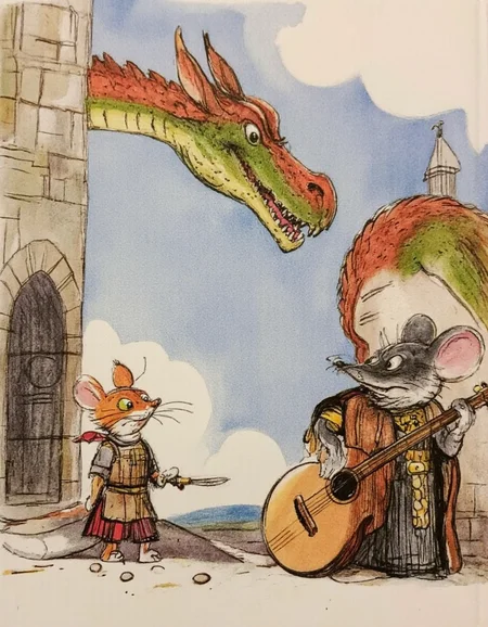 <lora:suteev:1>, <lora:chzcat:0.4>, This image is a detailed digital drawing in a whimsical, cartoon style. The scene depicts a medieval fantasy setting, featuring a large, majestic dragon and two anthropomorphic characters. The dragon is a fierce, red-and-green creature with large, sharp teeth, a long snout, and menacing eyes. It stands tall, with a muscular, scaly body, and is positioned slightly to the left of the image, occupying most of the background.,
In the foreground, to the right, stands a gray mouse dressed in medieval attire, complete with a red scarf and a brown, leather-like tunic. The mouse is holding an acoustic guitar, strumming it with one paw while the other rests on its hip. The mouse has a friendly, confident expression, and its eyes are wide and expressive.,
In the center of the image, a small, orange and white cat dressed in medieval armor stands on two legs, looking up at the dragon with a curious, slightly fearful expression. The cat is wearing a brown, metal breastplate and a red sash around its waist. It has a small, pointed sword at its side.,
The background features a stone archway with a clear blue sky and fluffy clouds above, suggesting an outdoor location. The overall mood is light-hearted and humorous