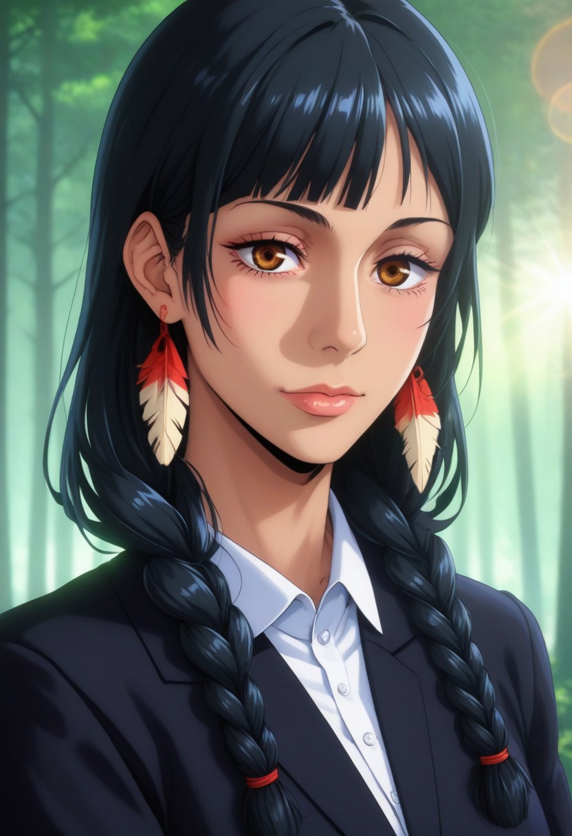 score_9, score_8_up, score_7_up, source_anime, intricate details, anime screencap, perfect balance, official art, extremely detailed CG unity 8k wallpaper, perfect lighting, Colorful, Warm_Front_face_Lighting, (masterpiece:1.0),(best_quality:1.0), ultra high res,4K,ultra-detailed, photography, 8K, HDR, highres, absurdres:1.2, Kodak portra 400, blurry background, bokeh, lens flare, (Anime) (vibrant_color:1.2), professional photograph, night, (cute_face:1.2), 2d, anime, upper body, intricate iris, American, Professional character design, 1girl, female focus, (Brown eyes), perfect eyes, (black-hair), Native American, Indigenous, American Indian, youthful, solo, jujutsu_kaisen_style, character portrait, (perfect-lighting), face, young, (Dark-black-hair), Long hair, (Native American), Indigenous, American Indian, (wild hair), (((wild eyes))), (Native North American), (Upturned eyes), (high cheekbones), (strong jawline), (Black Hair), ((((Native-American-Eagle-feather-braids, Native American Eagle feather accessories)))), (Black Cowboy Jacket), (((wild eyes))) ((Bobbed Bangs)) (((Slanted-Eyes))) (Psycho) (Happy) (Friendly) (Goofy) (Dark Black Jacket) (White Dress Shirt), (Blue Warpaint), (Redwood Forest, Pacific Northwest Forests), (Inuit), (Tan skin), (Dark Skin), (Brown skin), (bobbed hair), White Eagle-Feather-Earrings, Thick Bangs, Bobbed hair, Bob-cut, White-Feather-Earrings, Brown-skin, Inuit Face-paint, Full-Bangs, Wide-Bangs, Thick-Hair, Spiky-Hair, Face-paint