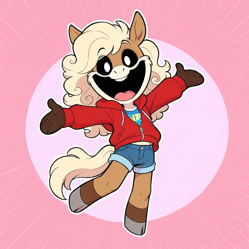 score_9_up, score_8_up,_7_up,_6_up,_5_up, score_4_up, solo, arms open, full body, hooves, SC(Poppy playtime), plushie, white pupils, black sclera, wide open mouth, smile, solo, colourful background, male, horse, long hair, blonde hair, curly hair, light brown fur horse,red unzipped hoodie, blue crop top, Jean shorts