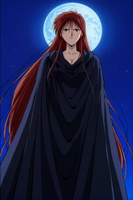 anime screencap, anime coloring, detailed face, masterpiece, best quality, absurdres, official style, amazing quality highres, amazing quality, scenery, beautiful detailed hair, beautiful detailed eyes,
anime coloring, anime screencap, detailed face,
<lora:Soi_Fushigi_Yuugi:1>
retro artstyle,1990s (style),
Soi cloak outfit, Soi (character), 1girl, solo, moon, long hair, night, full moon, red hair, sky, star (sky), night sky, very long hair, cleavage, starry sky, cloak, breasts, confident smile, low angle, looking down at the viewer, magenta hair,