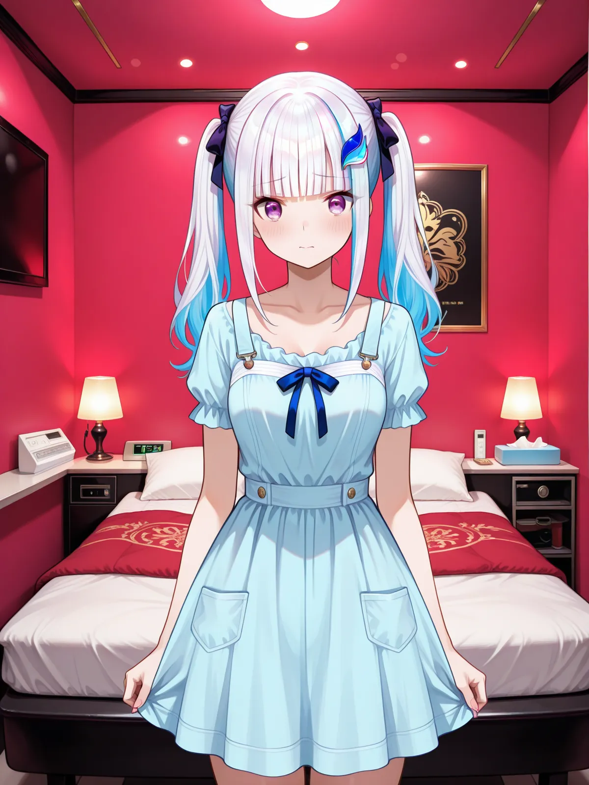 score_9, score_8_up, score_7_up, source_anime,masterpiece, best quality,amazing quality, highest score, absurdres,16k, 8k, 4k, very aesthetic, aidmaimageupgrader, illustriousanime,
1girl, blush, solo_focus,

lize helesta,nijilize,medium breasts,purple eye,white hair,blue hair,multicolored hair,two-tone hair,colored inner hair,streaked hair,long hair,blunt bangs,hair ornamnet,standing,shy,straight-on,

lovehotel, couch, indoors, pillow, lamp, carpet, bed, love hotel, 
scenery, indoors, bed, pillow, blanket, LHbedpanel, glowing, phone, tissue box, ceiling light, table, couch, pink light,neon light,
Redroom, leather wall, Red pillow, leather pillow ,