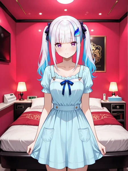 score_9, score_8_up, score_7_up, source_anime,masterpiece, best quality,amazing quality, highest score, absurdres,16k, 8k, 4k, very aesthetic, aidmaimageupgrader, illustriousanime,
1girl, blush, solo_focus,
lize helesta,nijilize,medium breasts,purple eye,white hair,blue hair,multicolored hair,two-tone hair,colored inner hair,streaked hair,long hair,blunt bangs,hair ornamnet,standing,shy,straight-on,
lovehotel, couch, indoors, pillow, lamp, carpet, bed, love hotel,
scenery, indoors, bed, pillow, blanket, LHbedpanel, glowing, phone, tissue box, ceiling light, table, couch, pink light,neon light,
Redroom, leather wall, Red pillow, leather pillow ,