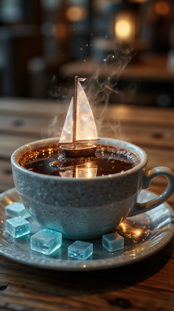A coffee cup with tiny sailboats floating on the coffee, surrounded by sugar cube icebergs , creative, (masterpiece), unique   , aidmaglow