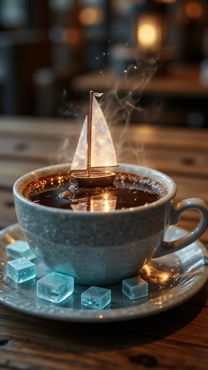A coffee cup with tiny sailboats floating on the coffee, surrounded by sugar cube icebergs , creative, (masterpiece), unique , aidmaglow