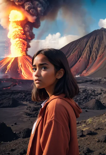 shot from the inside of a volcano: a beautiful 20yo hawaiian girl stares into the caldera of an erupting volcano, dramatic. Analog Color Theme, Lo-Fi Hip Hop , retrospective, flat, 2.5D,