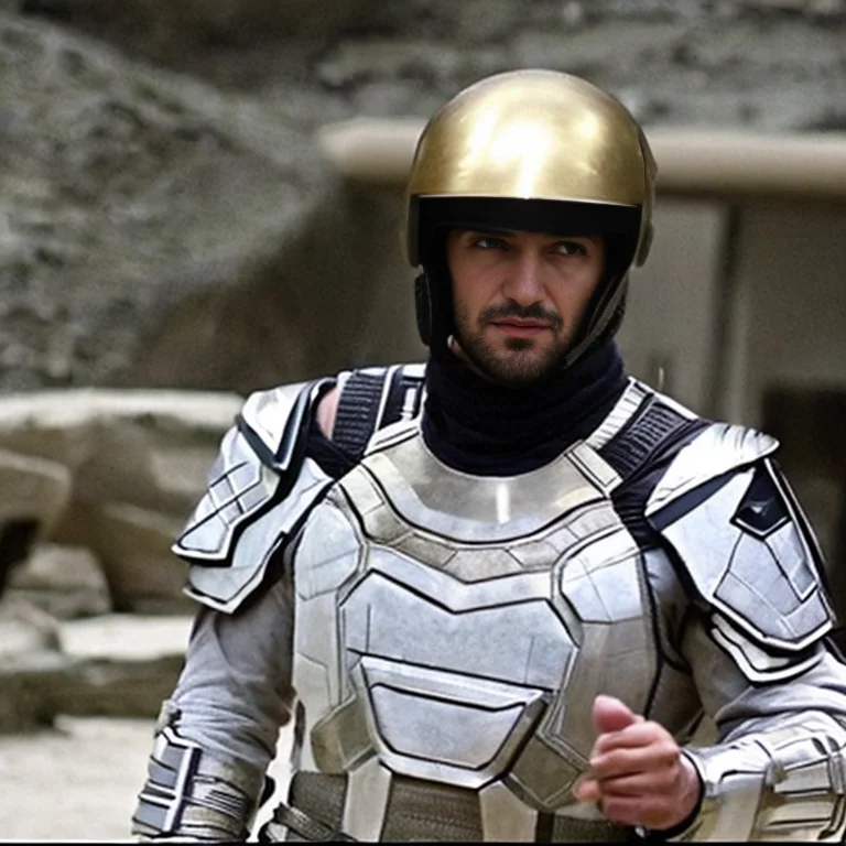 Syrian Man wearing scifi armor in a dynamic fighting pose, aslanscifi-v1-900