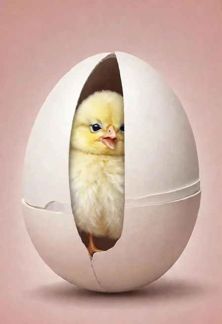 split head and body, split cute fluffy chick inside large white egg