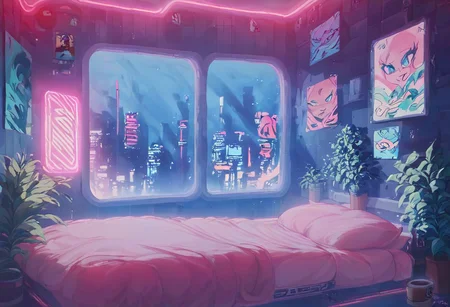 score_9,score_8_up,score_7_up,score_6_up, 
steaming coffee cup on windowsill, plants on the windowsill, wall of plants, monstera plant, large plant, tidy bedrrom, small room, cramped bedroom, teddies on the bed, cyberpunk city view out of the window, neon light, purple neon lights, posters, posters on the wall, anime posters, lewd posters, neon posters